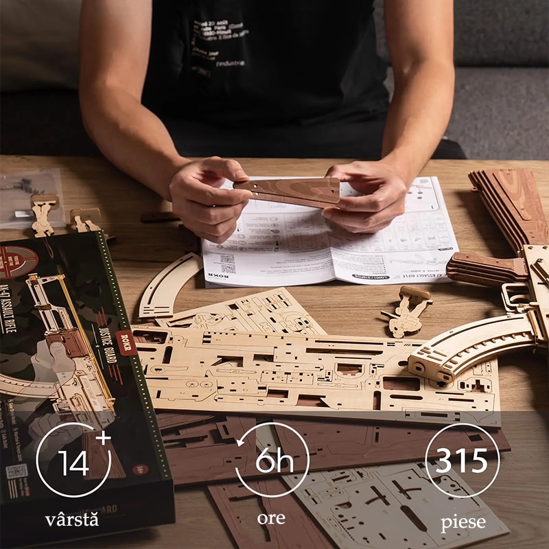 ◆つむぎ◆ Puzzle 3D, Mecanic, din lemn, Mitraliera AK-47, 315 Piese - eMAG.ro