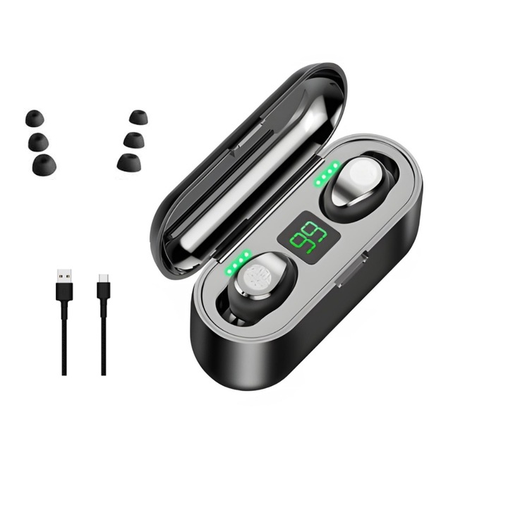 AKS T20 Vezeték nélküli fülhallgató, Bluetooth 5.3, Univerzálisan kompatibilis, Vízálló (ipx7), 8D Basszus, LED töltöttségi jelzőfény, 2000mah, Fekete