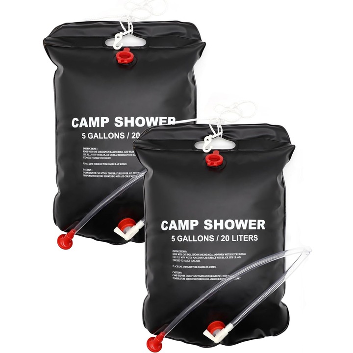 Set 2 dus portabil, Axroad Mall, 20 L, Comutator reglabil, Cu furtun detasabil, maner, Design pliabil, Usor de depozitat, Pentru camping, plaja, calatorii in aer liber, PVC, Negru