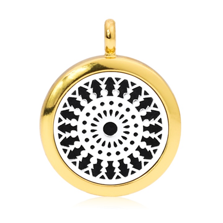 Difuzor de Uleiuri Esentiale Portabil, tip Pandantiv Rotund, Otel Inoxidabil, Model Mandala 8, Culoare Gold 25mm