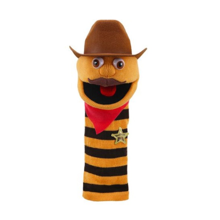 Papusa marioneta Soseta Cowboy, 40 cm inaltime, 4-10 ani, pentru teatru de papusi cu sau fara cortina, multicolor, dezvolta coordonarea mana-ochi