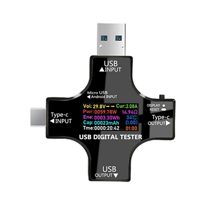 USB teszter, Latauar feszültség, teljesítmény, kapacitás, C típusú, digitális, LCD kijelző, Reset gomb, műanyag, 54x54x11mm, fekete