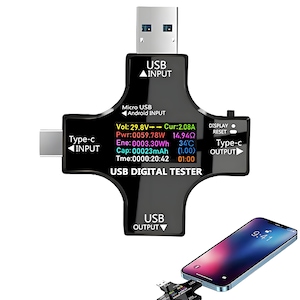 Tester USB, voltaj Latauar, putere, capacitate, Type C, Digital, Afisaj LCD, Buton de resetare, Plastic, 54x54x11mm, Negru