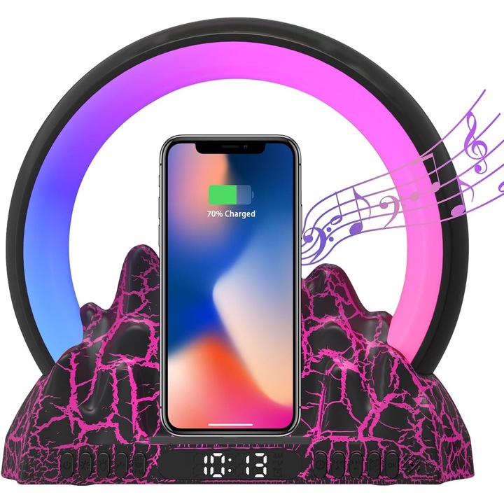 Lampa Smart LED Functie de Alarma Latauar, Functie de Radio FM, Difuzor Bluetooth Incorporat, Functie de Incarcare a Smartphone-ului la 15W, Ceas digital cu alarma, Lumini Ambientale, Design Modern Si Ergonomic, Calitate Premium, 23.2×22.7×8.5cm, Negru