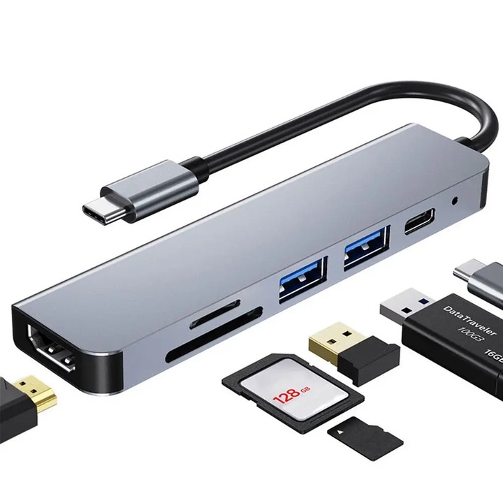 HUB адаптер 6 в 1, BLEKSY®, 1 USB-C към HDMI 4K 30HZ, 1x USB 3.0, 1x USB 2.0, Power Delivery Port 87W / TF и четец на SD карти, докинг станция за MacBook Air/Pro и лаптоп