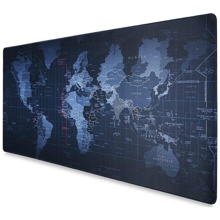 Mousepad Mare Cauciucat Velixo®, Pentru Gaming, Birou, Office, Antiderapant, Cusaturi Anti-Rupere, Waterproof, model Harta Lumii, 90 x 40cm, Negru/Albastru