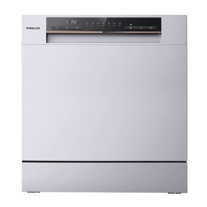 Компактна съдомиялна Finlux WQP8 Silver, 55см, Клас F, Капацитет 8 комплекта, 7 програми, Неръждаема стомана