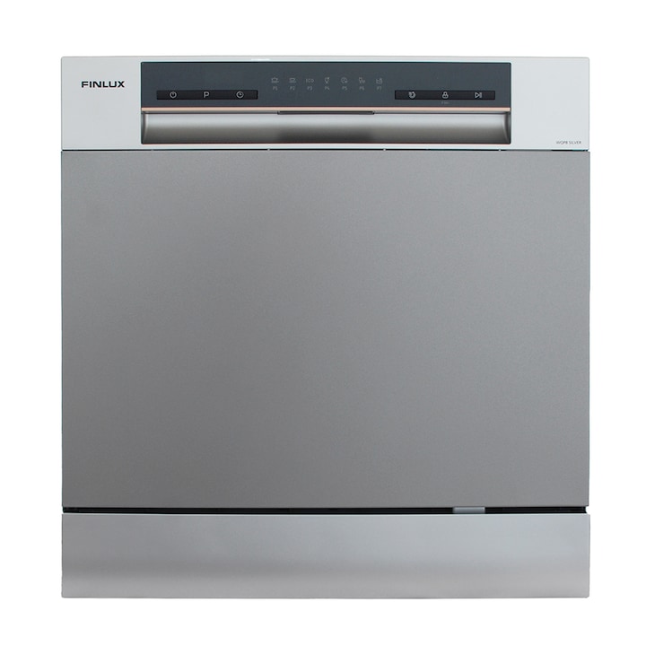 Masina de spalat vase compacta Finlux WQP8 Silver, 55cm, Clasa F, 8 seturi, 7 programe, Inox