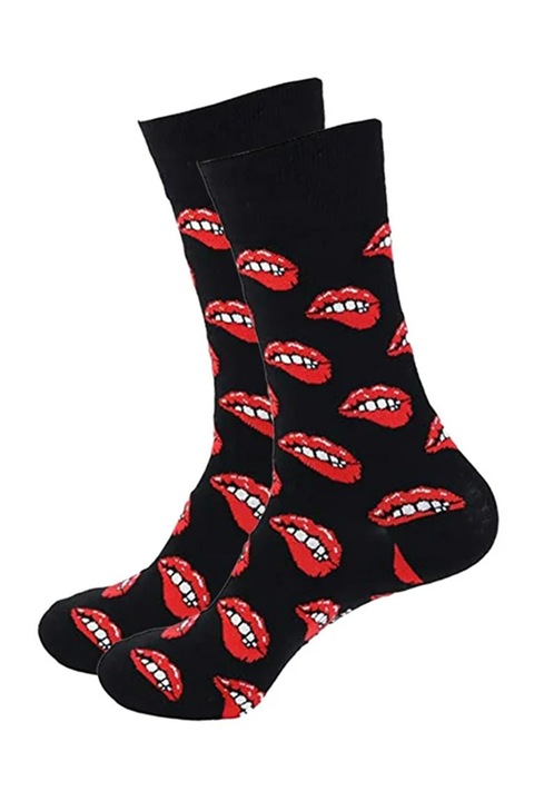 Soseste cute, model peste glezna, cu imprimeu grafic buze, tematica love socks, marime 36-42, unisex, negre cu rosu inchis, EFAYN