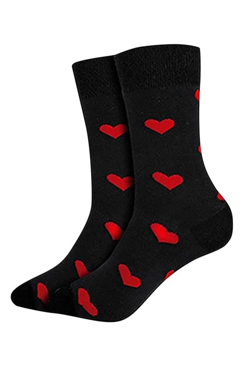 Soseste cute, model peste glezna, cu imprimeu grafic inimioare, tematica love socks, marime 36-42, unisex, negre, EFAYN