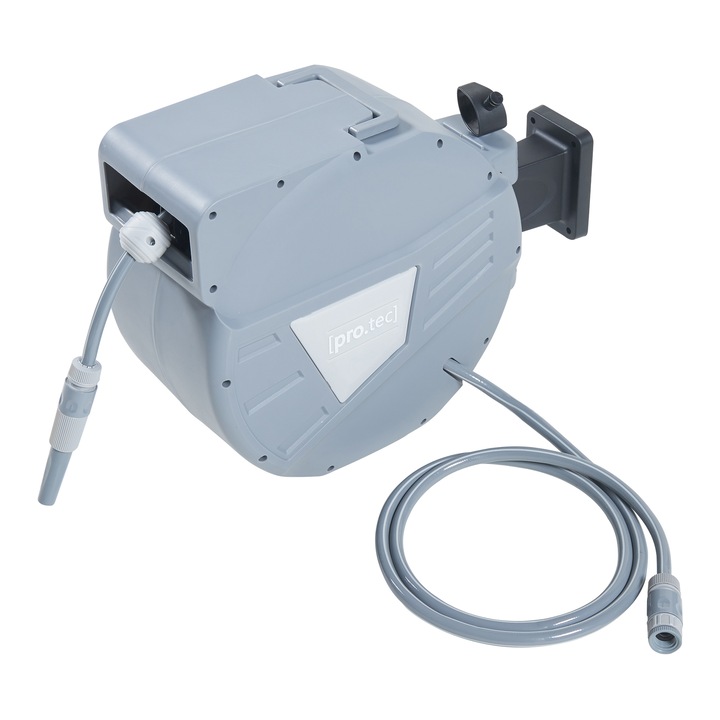 Suport furtun gradina, pro.tec, ABNH-9506 Amersfoort, 57 x 23, 5 x 40 cm, plastic, pvc, gri, montabil pe perete cu furtun de 30m si furtun de conectare de 2m