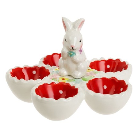 Farfurie Ceramica de Paste Rosu Iepuras pentru 5 Oua Ø14x10cm