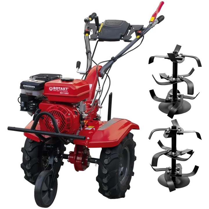 Motocultor Rotakt RO110RV, motor 8 CP, benzina, latime lucru 90 cm, 2+1 viteze, freze, roti cauciuc 5.00-8, roata frontala