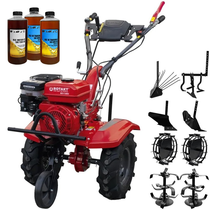 Motocultor Rotakt RO110RV, motor 8 CP, benzina, latime lucru 90 cm, 2+1 viteze, freze, roti cauciuc 5.00-8, roata frontala, roti metal, plug arat, rarita reglabila, plug cartofi, cultivator, 3l ulei