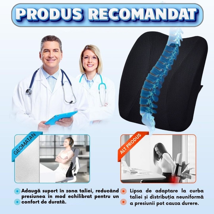Perna Lombara Mare, GEOMATAN®, pentru scaun de birou sau masina, Spuma cu memorie, Ergonomica, Previne durerea, Suport pentru tot spatele si dimensiune ideala 42x35x8 cm, Negru