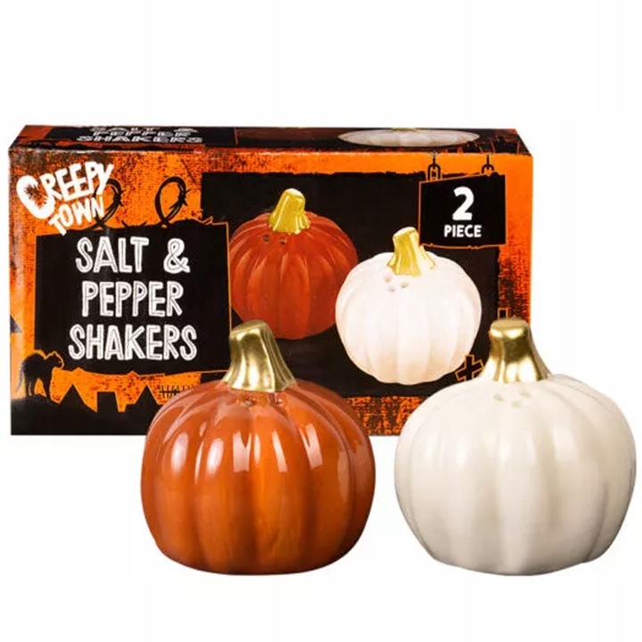 Set solnita si pipernita, ceramica, motiv dovleac, Alb/Portocaliu, 7x7cm