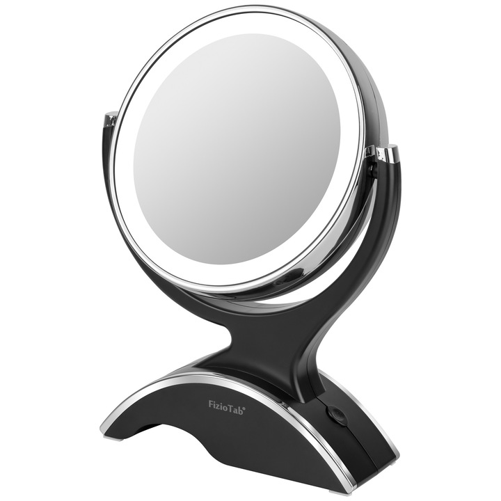 Козметично огледало FizioTab®, LED осветление, димируемо, 2 лица, 10X увеличение, включени батерии и USB кабел, черно