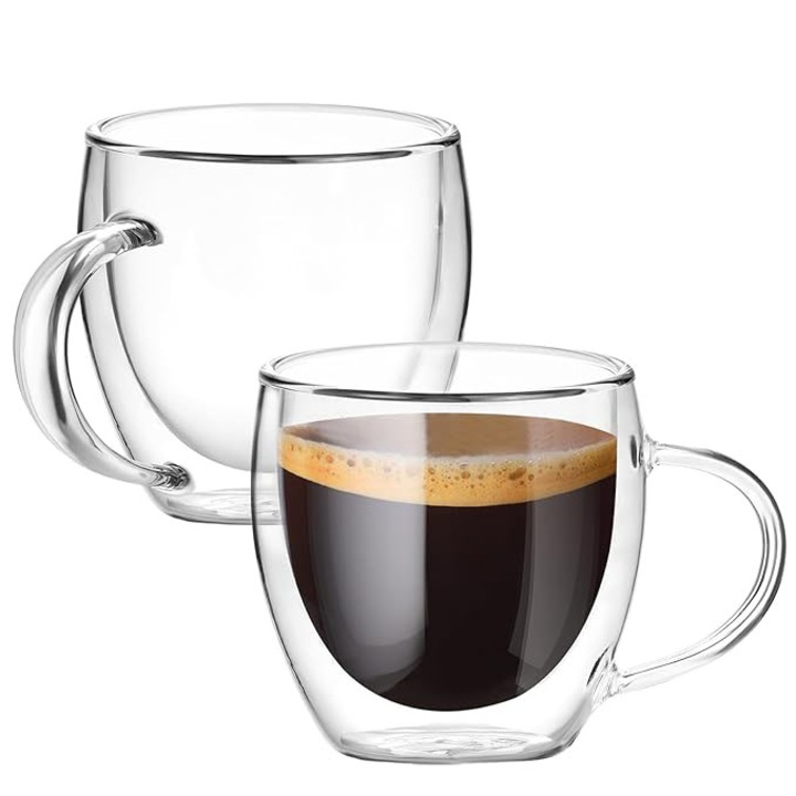 Set 2 cani pentru ceai si cafea din sticla termorezistenta, Aurov®, Pereti dubli, 250 ml, Transparenta