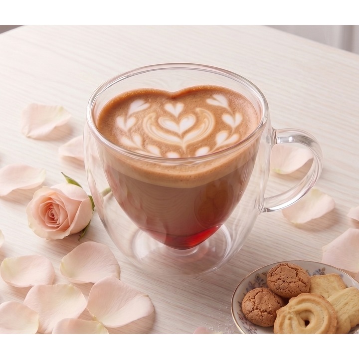 Cana in forma de inima din sticla termorezistenta, Aurov®, pereti dubli, pentru ceai si cafea, 250ml, Transparenta