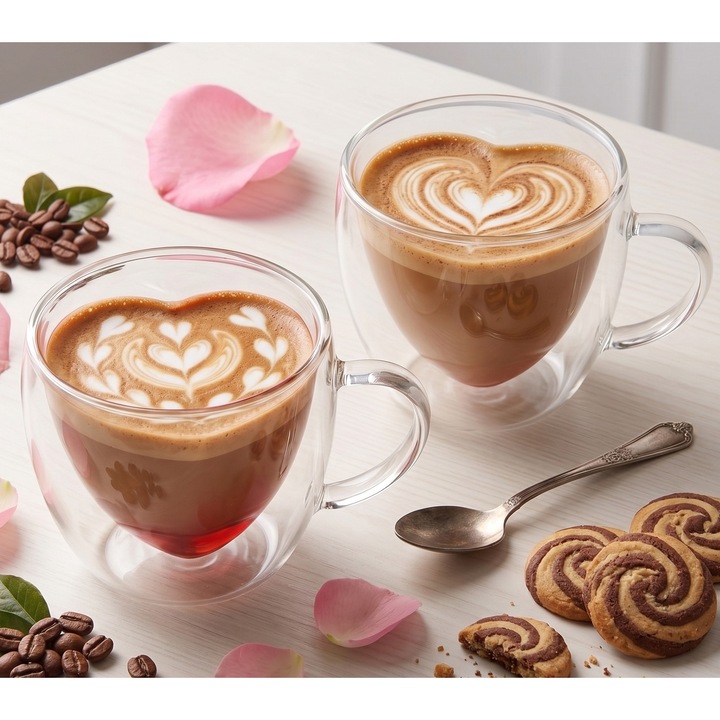Set 2 cani in forma de inima din sticla termorezistenta, Aurov®, pereti dubli, pentru ceai si cafea, 250ml, Transparenta