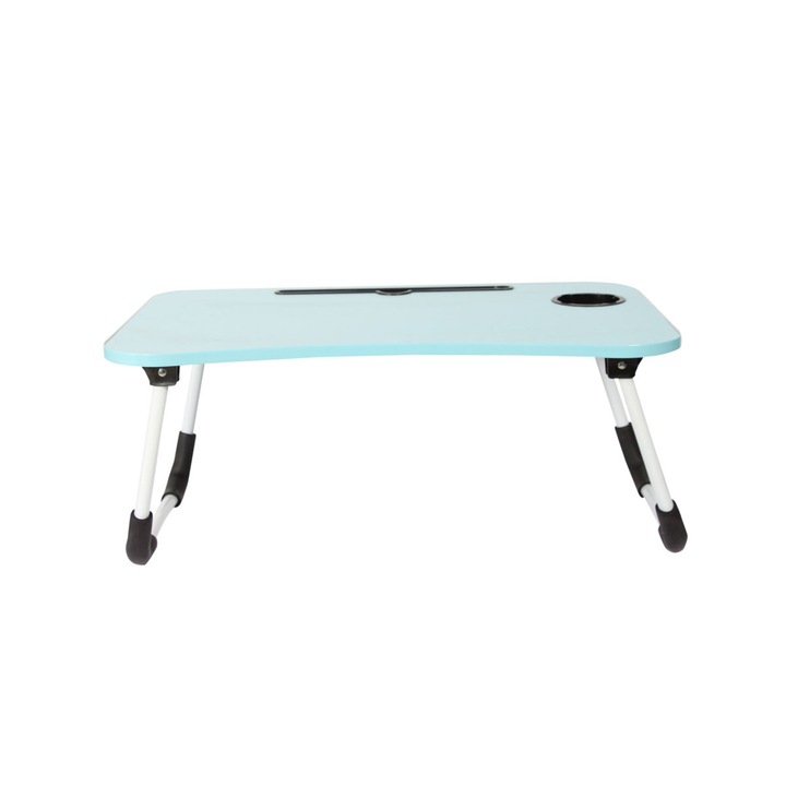 Masa pentru Laptop si TV, cu Sertar si Suport Pahar, Albastru cu Margine Alba, 59.7x40cm