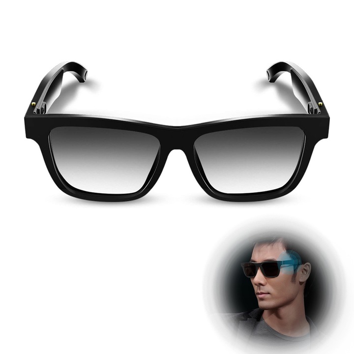 Ochelari de Soare Inteligenti Latauar, Confortabili, Usori, Bluetooth 5.0, Wireless, Autonomie Mare, microfon, navigatie, Protectie UV, sistem Anti-Orbire, 15.5 × 14.5 cm, negru