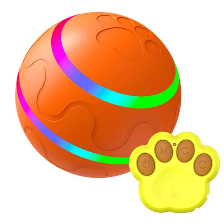 Intelligens interaktív labda játék kutyáknak és macskáknak, automata és távirányítóval, LED, nem mérgező, usb töltés, 8 cm, narancs