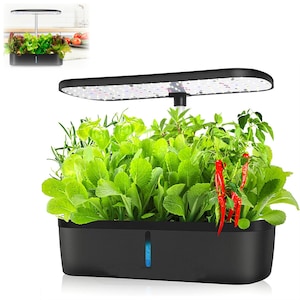 Ghiveci de plante cu sistem de cultivare hidroponica fara sol Latauar, gradina interioara, crestere inteligenta, productie pe tot parcursul anului, lampa solara reglabila inclusa, 12 spatii pentru plante aromatice sau flori, Rezervor 4L, 42×39×18cm, Negru