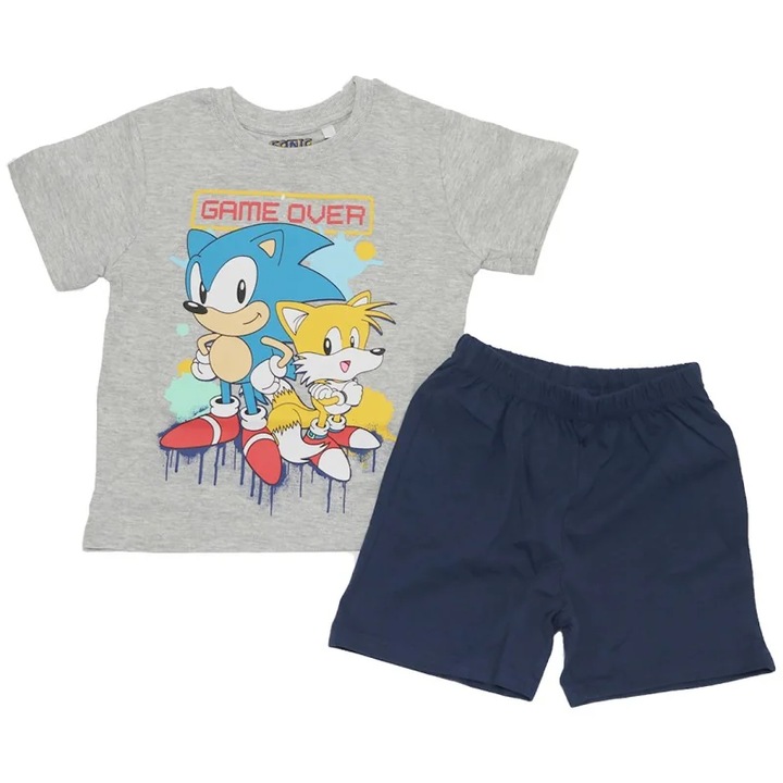 Pijamale copii cu maneca scurta, 100% bumbac, multicolor, Game Over, Sonic, Multicolor