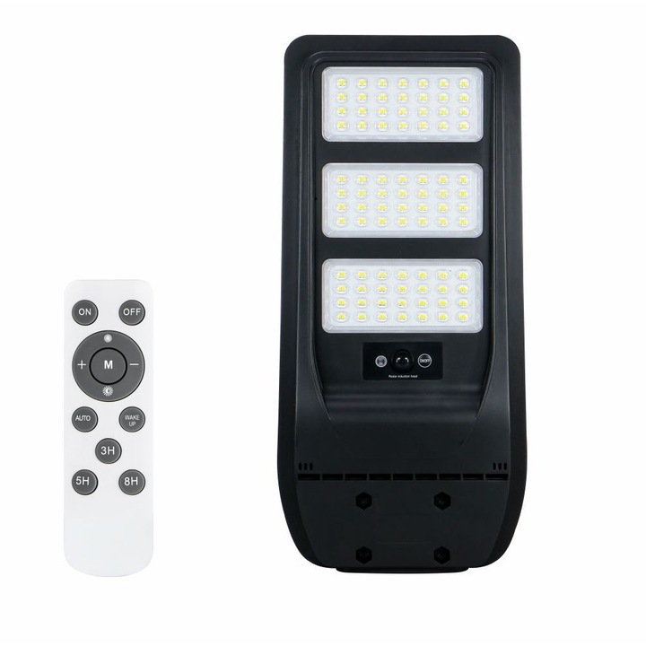 Corp stradal LED cu senzor de miscare proximitate+crepuscular IP65, panou solar monocristalin integrat si telecomanda, 90 W, 502x237x43 mm, 30.000 ore