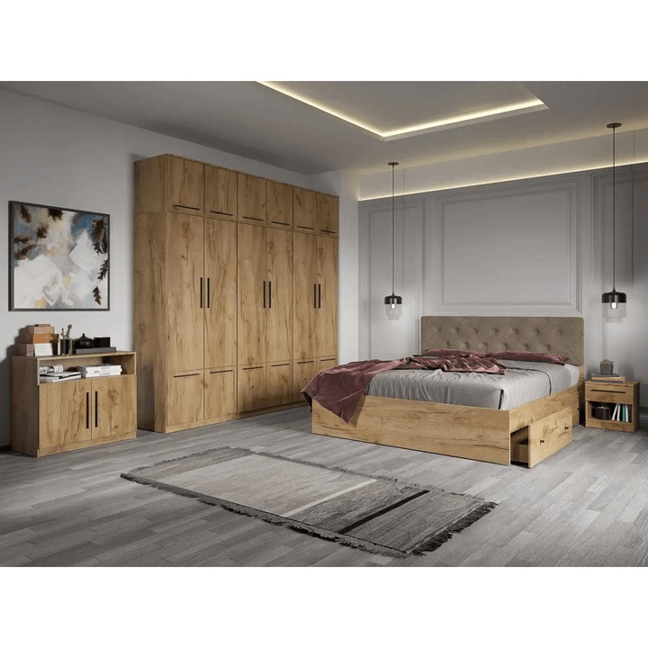 Set dormitor, Stejar Auriu plus Comoda, Madrid, C30, Dulap, Pat 160x200, Noptiere
