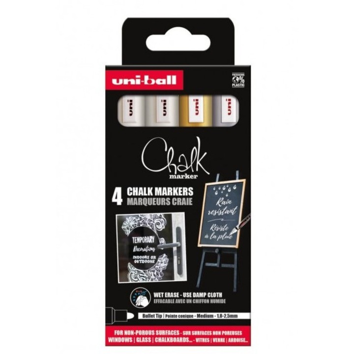 Комплект от 4 маркера с течен тебешир - Chalk - Bright colors, Non Permanent, Multicolor