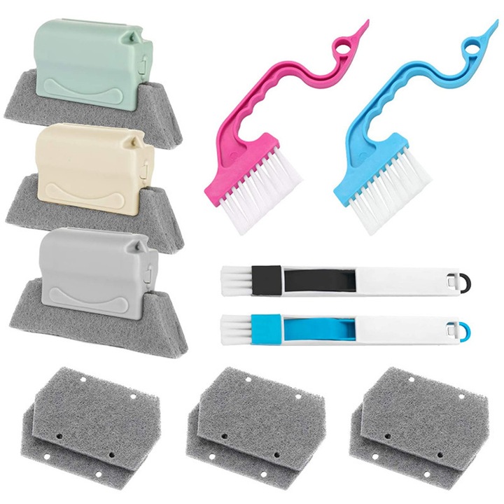 WALALLA Комплект инструменти за почистване на жлебове за прозорци, 3 почистващи препарата за релси за прозорци, 2 ръчни инструмента за почистване на жлебове, 2 четки за почистване на кофа за смет, 6 кърпи за смяна