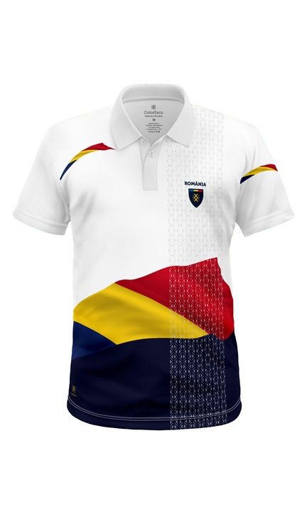 Tricou Romania Simbol Tricolor, material tehnic sport,polo, barbat, culoare alba, CS30 2592