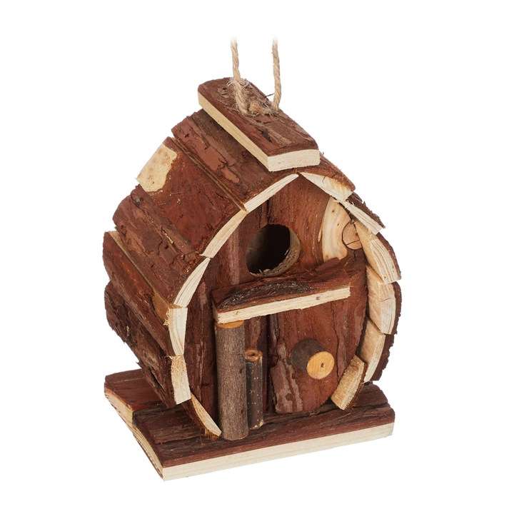 Casuta decorativa pentru pasari, de agatat, lemn de brad, pentru gradina sau balcon, 14 x 10 x 7 cm