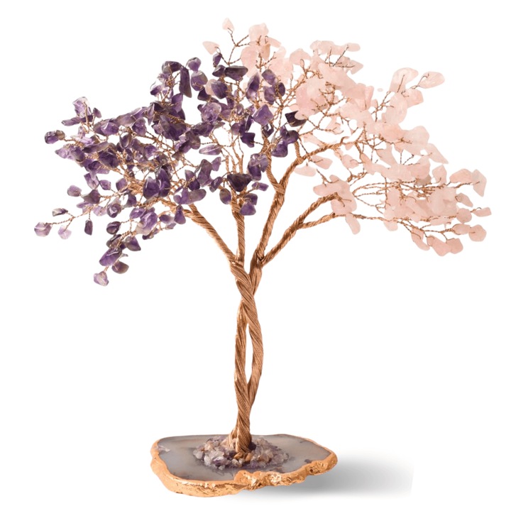 Copacel Decorativ cu Ametist si Cuart Roz pe Baza de Agat - Armonie si Energie - 20 cm, 280 Pietricele