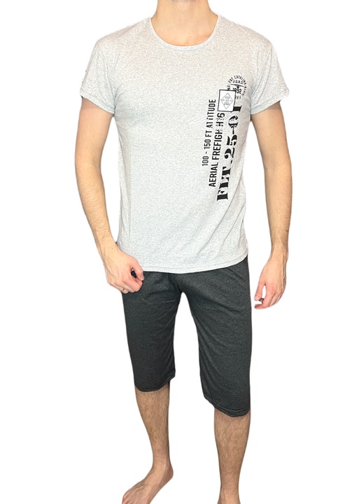 Pijamale barbati, gri, maneci scurte, pantaloni 3/4, bumbac, Gri