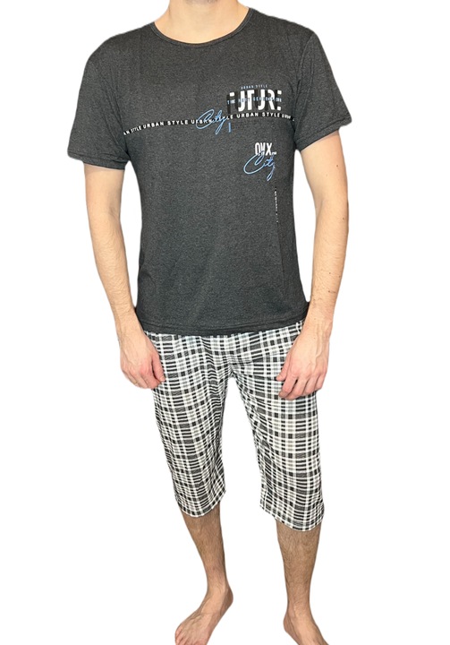 Pijamale barbati din bumbac, grafit, maneci scurte, pantaloni 3/4, Gri grafit