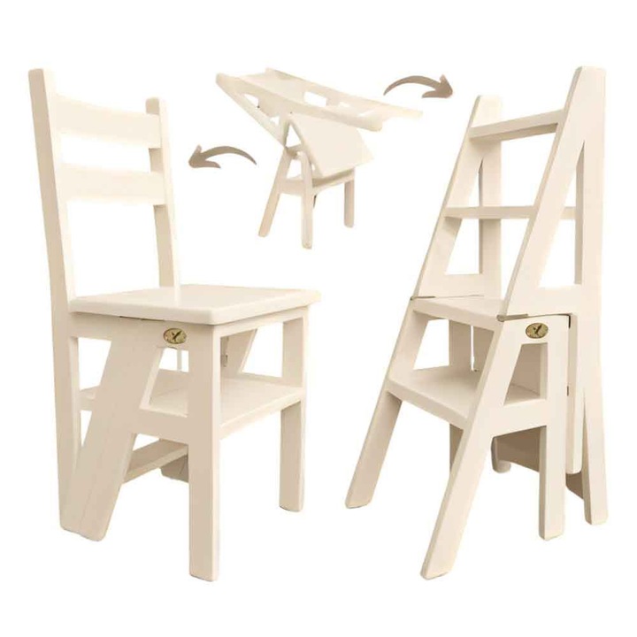 Scaun si Scara, 2 in 1, Duplex, Lemn Masiv, Step Up, Transilvan, 90x42 cm, Beige