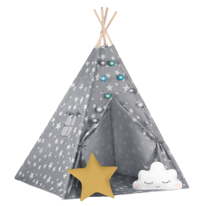 Cort de joaca pentru copii cu lumini si 2 pernite Nukido 120 x 120 x 165 cm - Gri cu stelute