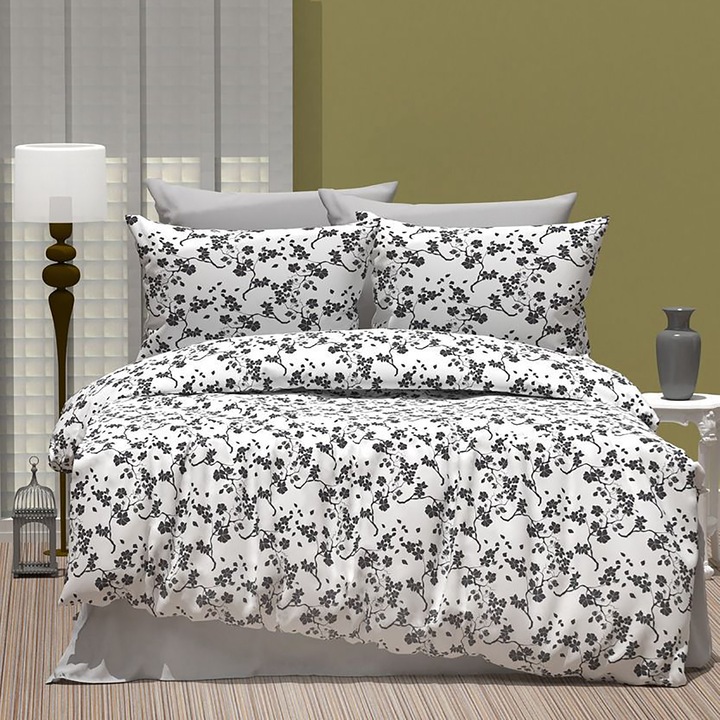 Lenjerie de pat dublu Bumbac Ranforce 4 piese cearsaf pat 240 x 260 cm, pilota 200x230 cm, 2 fete perne 50x70 cm, Crengute cu flori, Alb / Gri, Pucioasa