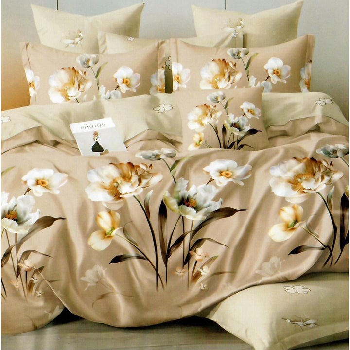 Спално спално бельо фино двойно памучно 6 части с ластик при чаршафа 180 х 200 см, пролетни цветя, бяло бежово, Ralex Pucioasa HF6P136