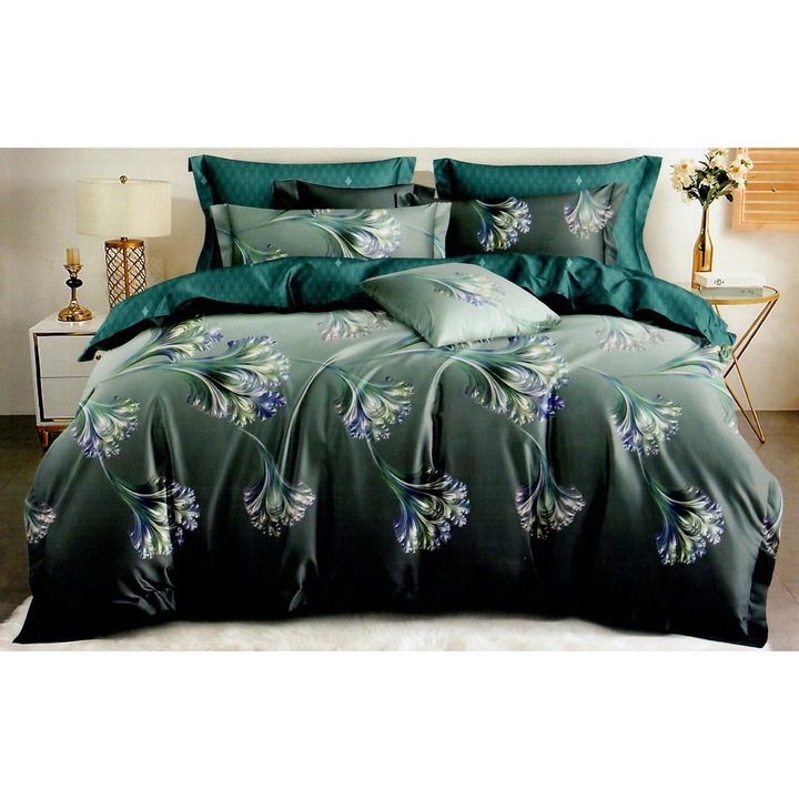 Спално спално бельо фино двойно памучно 6 части с ластик към чаршафа 180 х 200 см, Modern Green, Ralex Pucioasa HF6P135