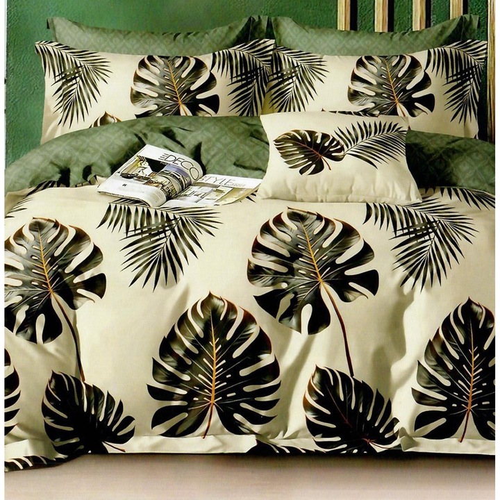 Спално спално бельо фино двойно памучно бельо 6 части с ластик на чаршафа 180 х 200 см, щампа листа, бежово зелено, Ralex Pucioasa HF6P149