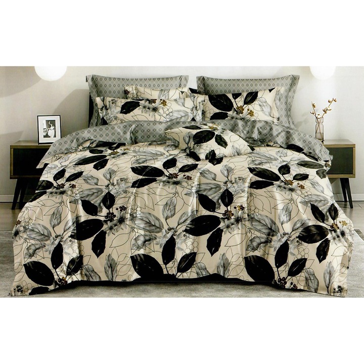 Спално спално бельо фино двойно памучно бельо 6 части с ластик при чаршафа 180 х 200 см, Moderna, Beige Grey, Ralex Pucioasa HF6P142