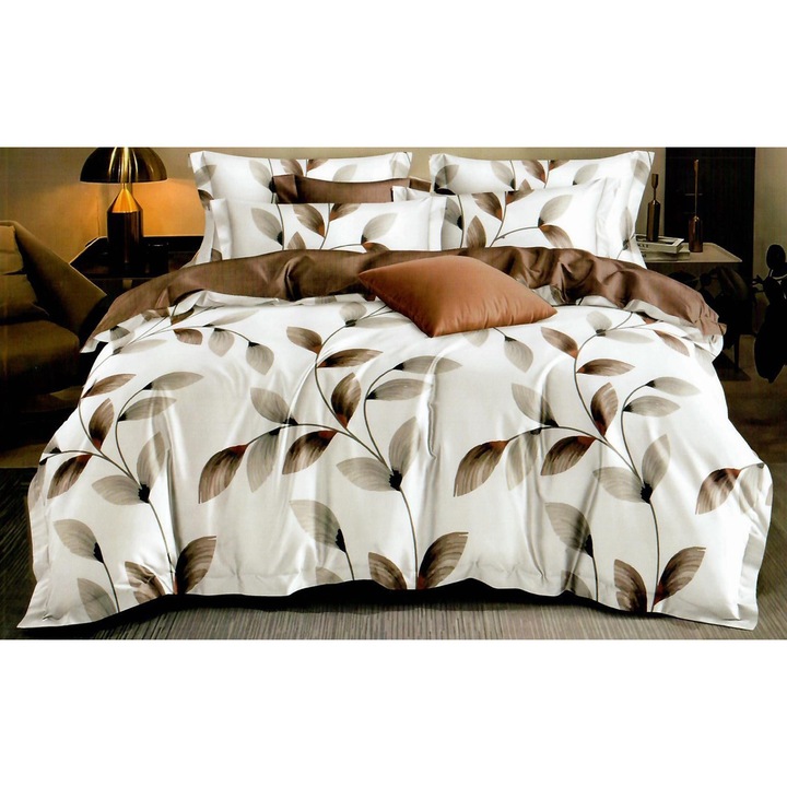 Спално спално бельо фино двойно памучно 6 части с ластик на чаршафа 180 х 200 см, Crengute, Cream Brown, Ralex Fucioasa HF6P141