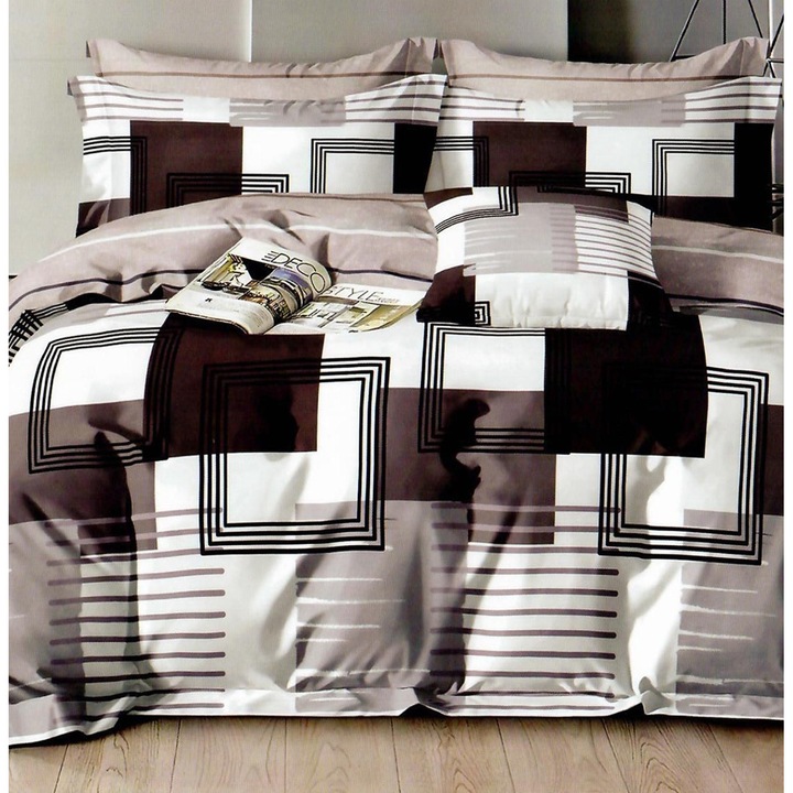 Спално спално бельо фино двойно памучно бельо 6 части с ластик при чаршафа 180 х 200 см, Moderna, бежово кафяво, Ralex Pucioasa HF6P145
