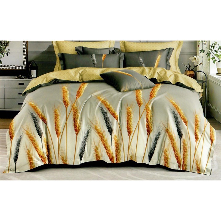 Спално спално бельо от фино двойно памучно бельо 6 части с ластик на чаршафа 180 х 200 см, Wheatear, Yellow Grey, Ralex Pucioasa HF6P144