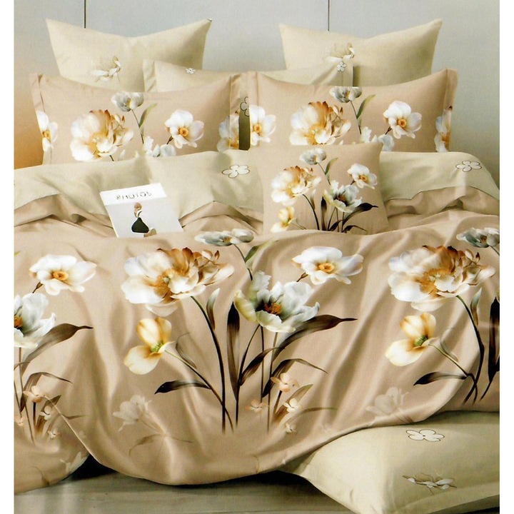 Спално бельо фино двойно памучно бельо 6 части с ластик при чаршафа 180 х 200 см, бежови цветя, Ralex Pucioasa HF6P150
