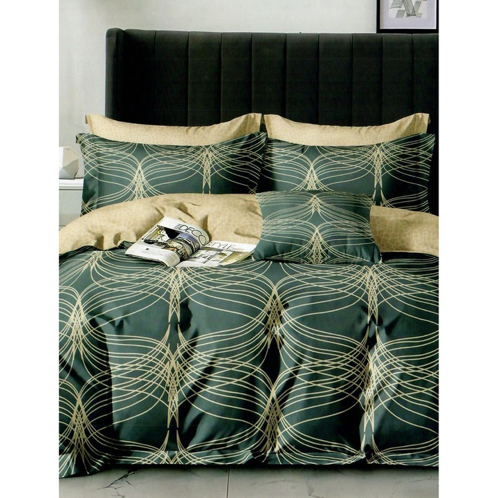 Спално спално бельо фино двойно памучно 6 части с ластик на чаршафа 180 х 200 см, Елеганта, Жълто зелено, Ralex Pucioasa HF6P147